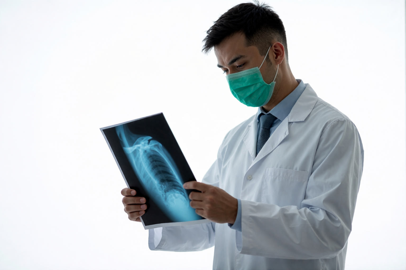 The doctor is dressed in a lab coat wearing a surgical mask as he reviews a chest x-ray.